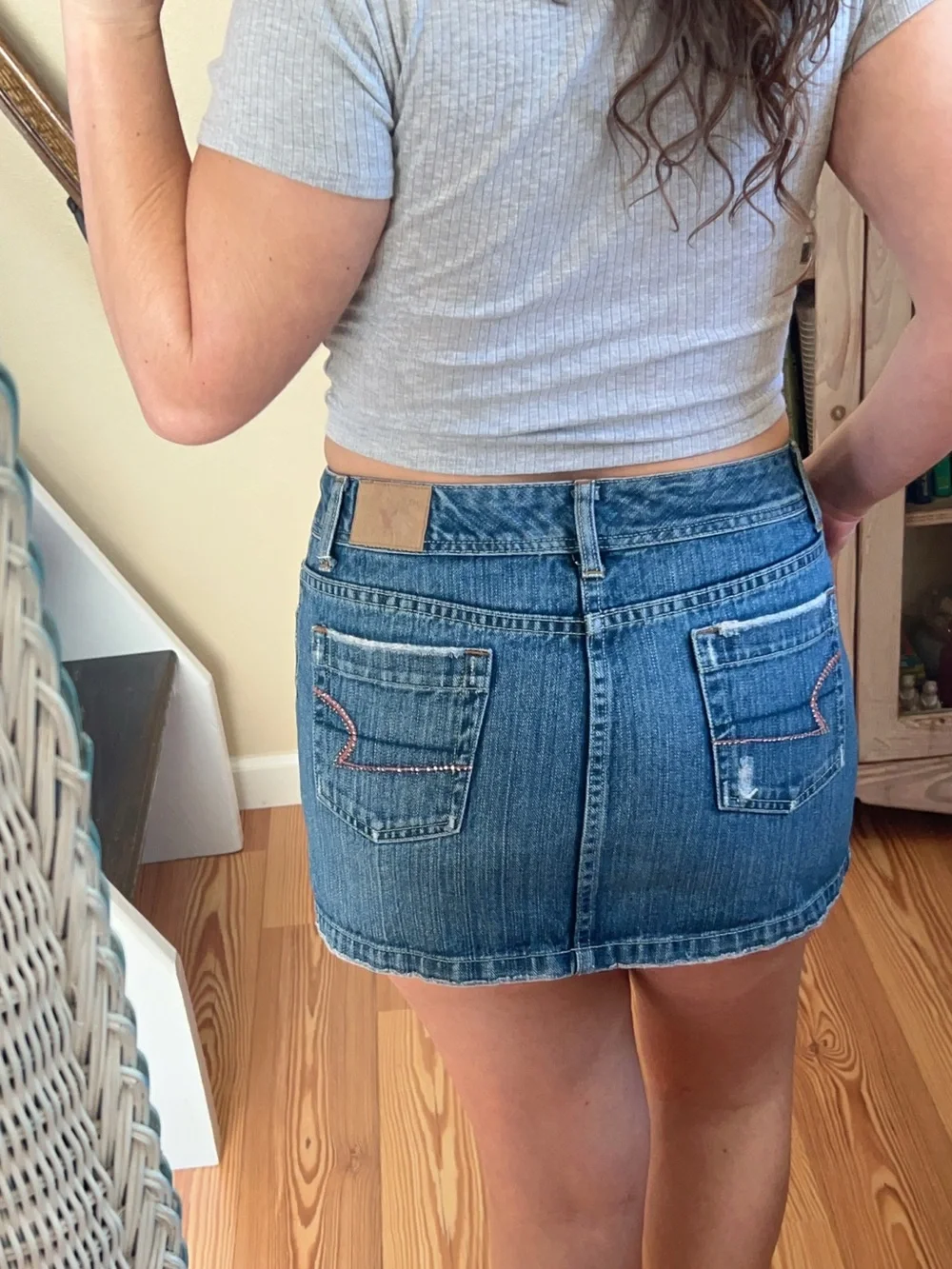 Vintage Y2K American Eagle Faded Denim Super Mini Skirt Low rise Pink Rhinestone - Picture 5 of 12